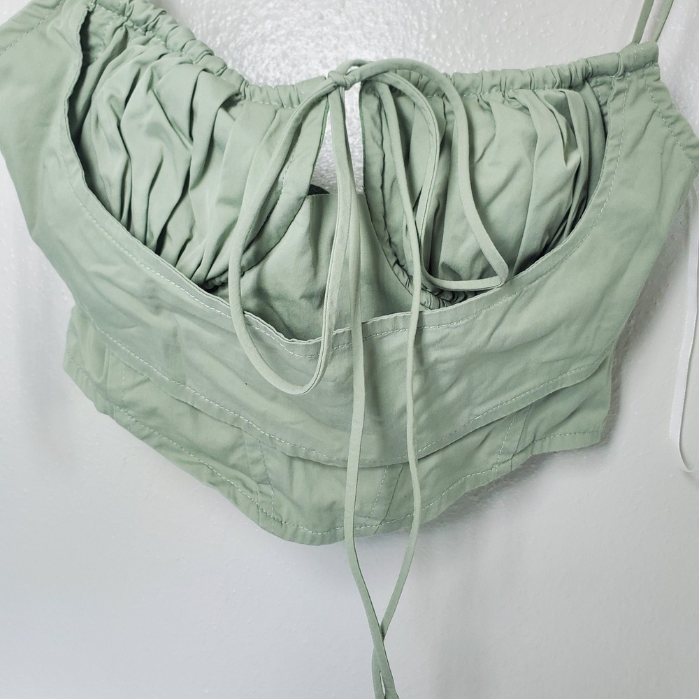 Princess‎ Polly Sage Green Crop Top Tie Front Ruched Bustier tank Sz 4 bra cups